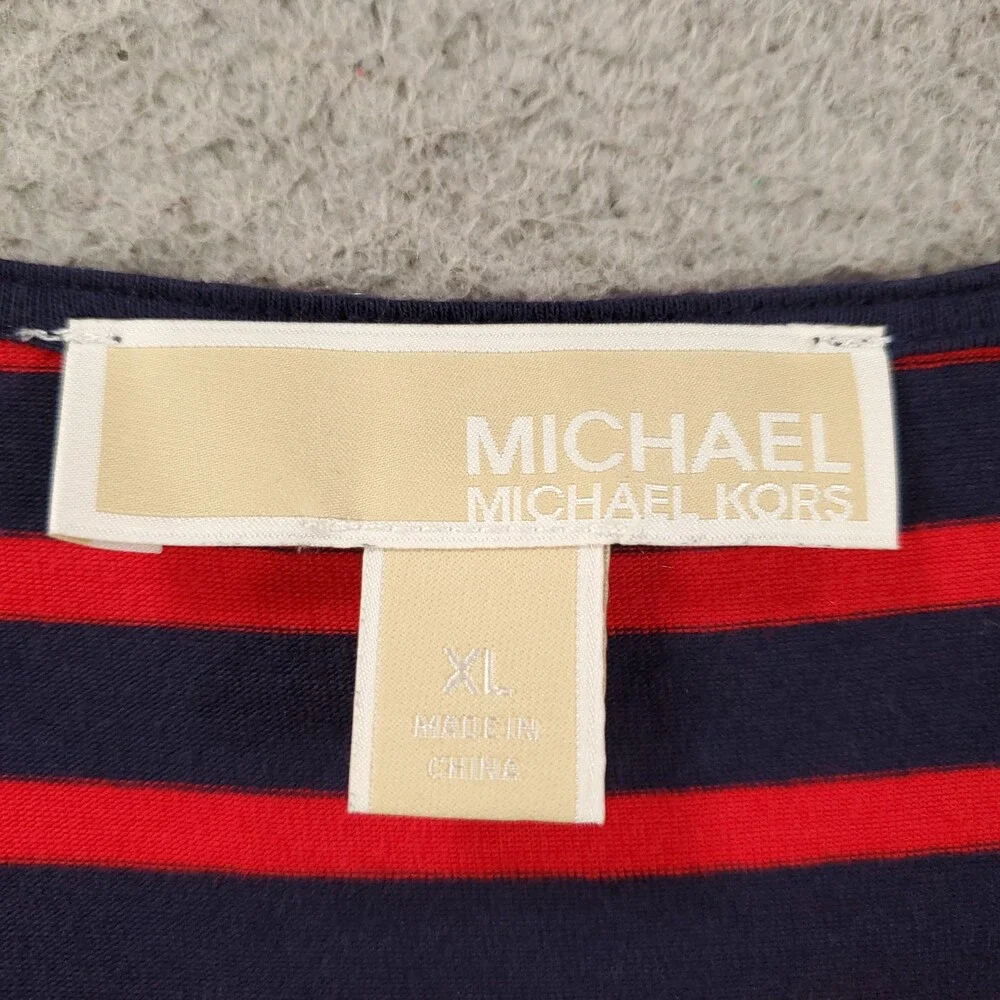 Michael Kors Lace Up Neck Dress Womens XL Shift Knit Striped Red Blue